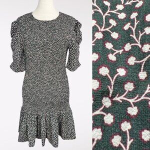 French Connection Floral Smocked Mini Dress Puff Sleeve Green XS